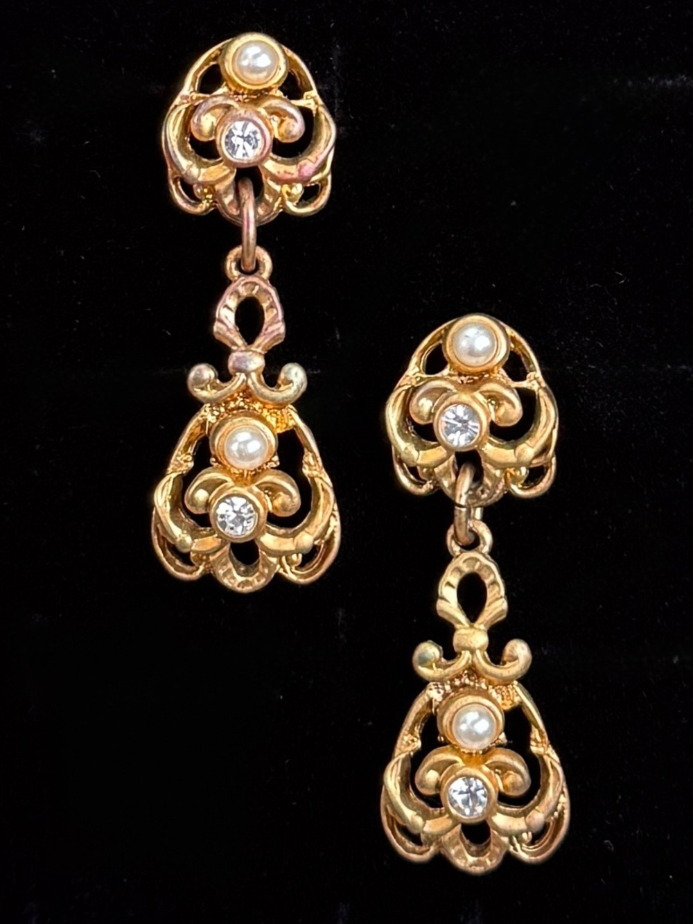 Vintage Aged Goldtone Faux Pearl Intricate Design Drop Pierced Earrings